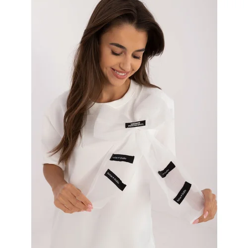 Fashion Hunters Ecru formal blouse with bow and inscriptions