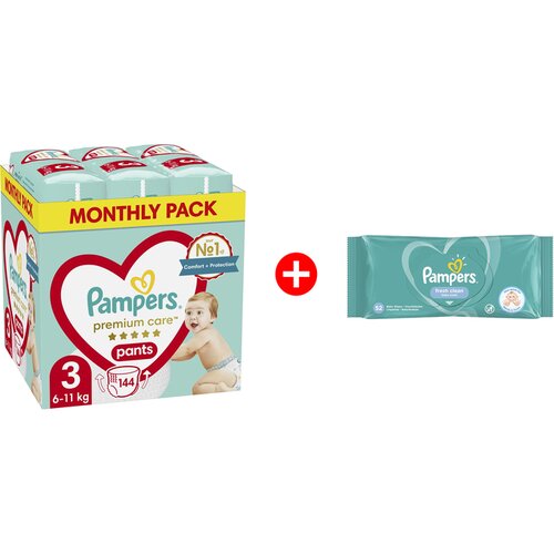 Pampers Pelene Premium Care Pants veličina 3 144kom + Gratis vlažne maramice Fresh 52 Cene