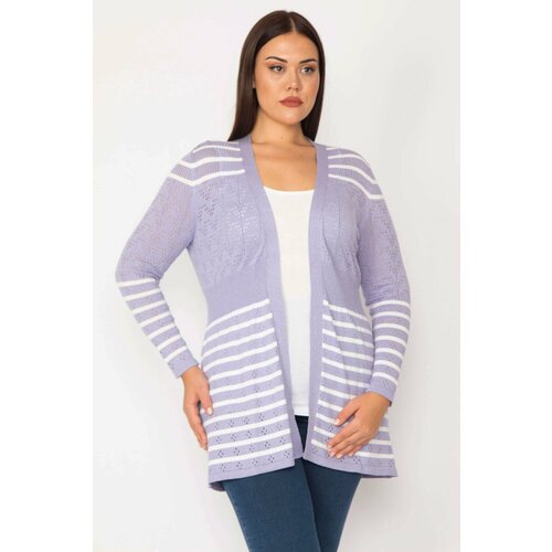 Şans Women's Plus Size Lilac Openwork Knitted Striped Sweater Cardigan Slike