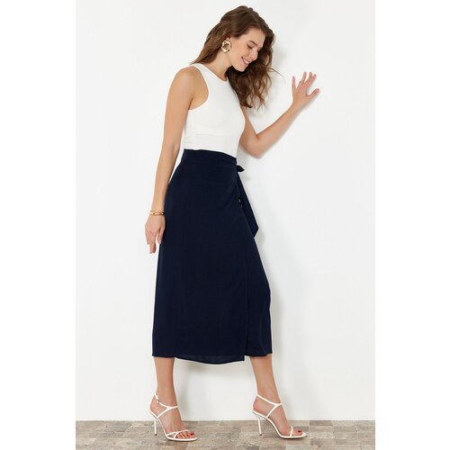 Trendyol Navy Blue Tied Double Breasted Closure Viscose Fabric Maxi Length Woven Skirt Cene