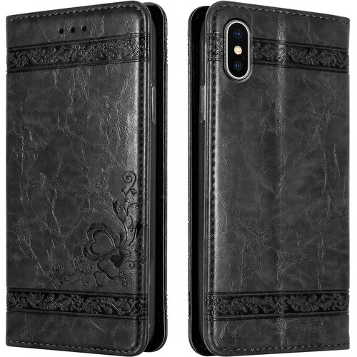 Cadorabo Ohi&amp;scaron;je, združljivo z Apple iPhone XS MAX v črna z okraski - Za&amp;scaron;čitni ovitek z magnetnim zapiranjem, funkcijo stojala in režo za kartice, (20551019) Slike