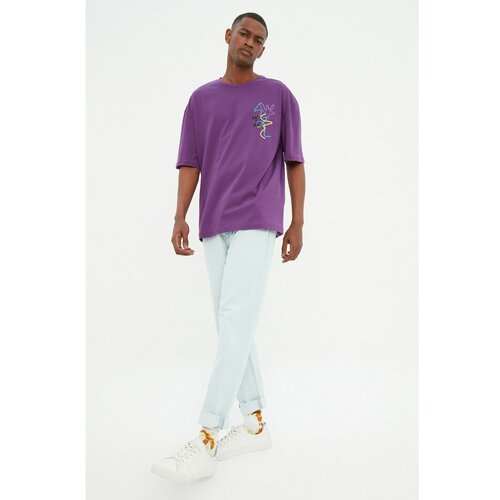 Trendyol Purple Men's Relaxed Fit Printed Short Sleeved T-Shirt Slike