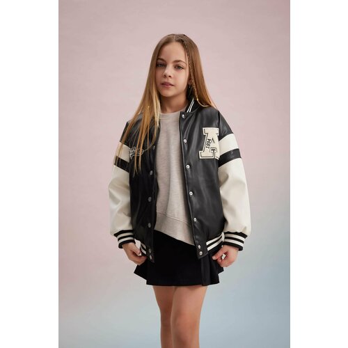 Defacto Girl Bomber Collar Waterproof Faux Leather Jacket Slike