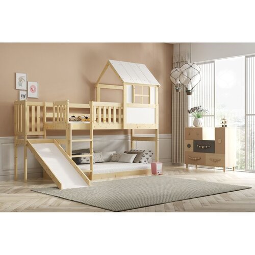 Molarem Home Drveni dječji povišeni krevet Antresola s toboganom - 200x90cm - svijetlo drvo Cene