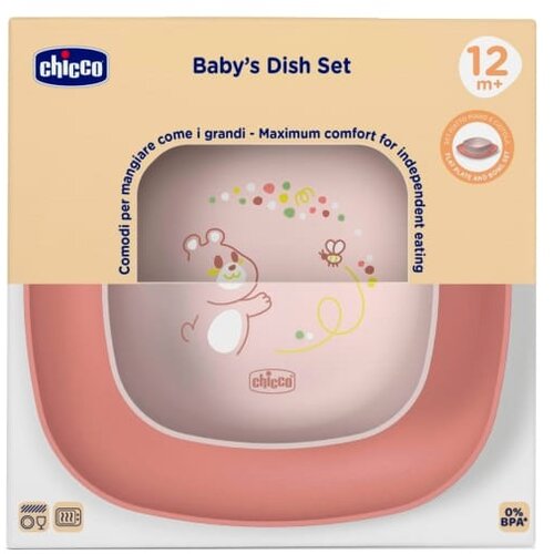 Chicco Set za jelo za bebe zdjela i tanjur, 12m+, Roze Slike