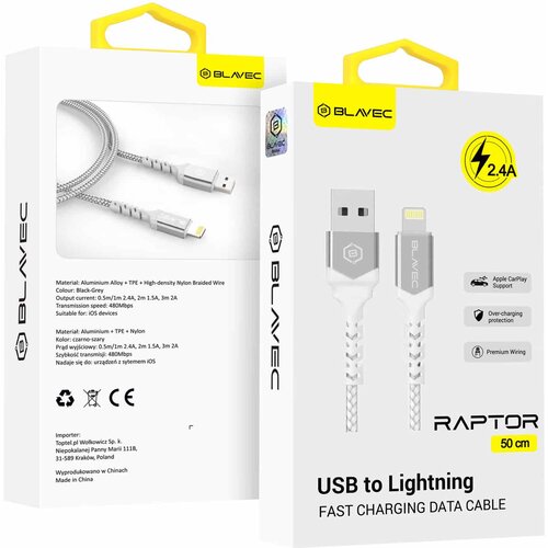 BLAVEC RAPTOR KABEL OPLETENI &ndash; USB NA LIGHTNING &ndash; 2.4A 0.5 METARA &ndash; bijelo-srebrni Cijene