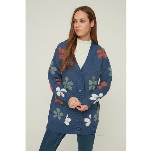 Trendyol Blue V-Neck Floral Embroidered Knitwear Cardigan Slike