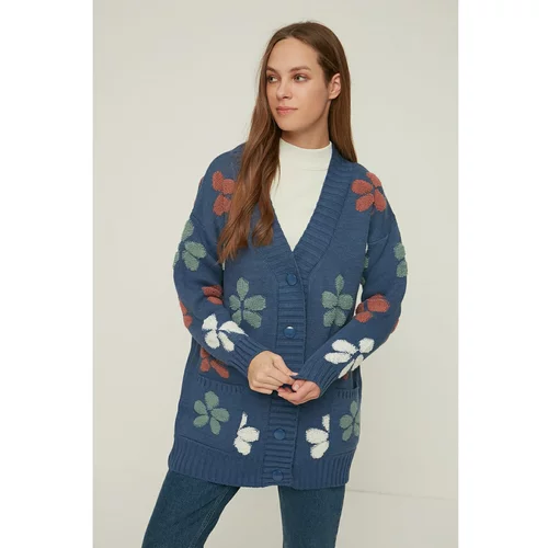 Trendyol Blue V-Neck Floral Embroidered Knitwear Cardigan