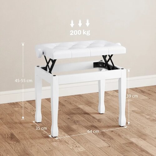  Klavirska stolica/klupa s podesivom visinom i jastukom od umjetne kože za klavir i klavijaturu 64 x 35 x 45-55 cm bijela Slike
