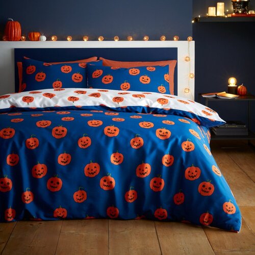 Catherine Lansfield Modra/oranžna enojna posteljnina 135x200 cm Halloween Pumpkins &amp;ndash; Slike