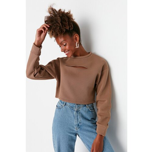 Trendyol Stone Loose Crop Collar Detailed Raised Knitted Sweatshirt Slike