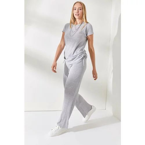 Olalook Women's Gray Shirred Sides Blouse Palazzo Pants Suit