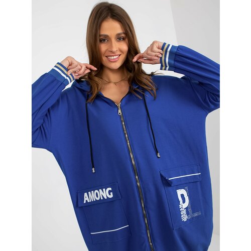Fashion Hunters Dark blue long zippered sweatshirt with inscriptions and application Cene