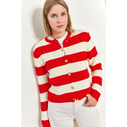 Bianco Lucci Women's Thick Striped Knitwear Cardigan with Metal Buttons