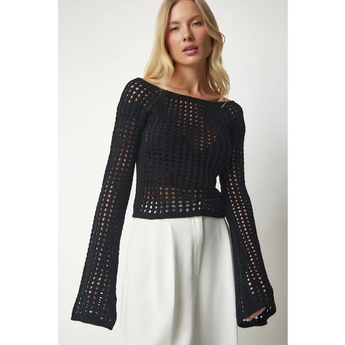  Women's Black Boat Collar Openwork Knitwear Crop Sweater