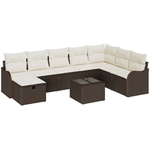 vidaXL 9-delni vrtni sofa set z blazinami Rjav poliratan, 2-sedežni vrtni sofa z shranjevanjem in blazinami Rjav poliratan Cene