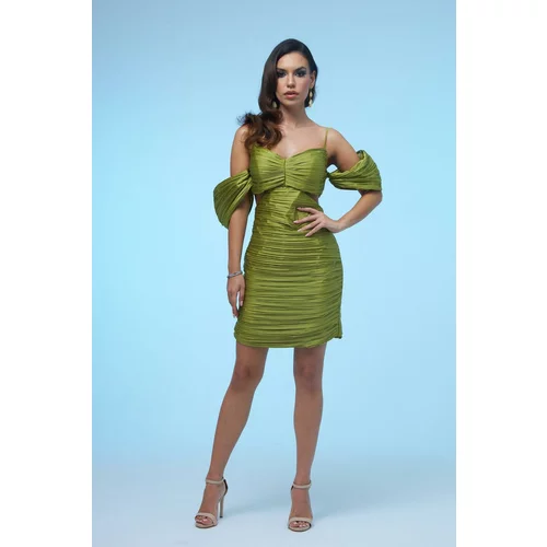Carmen Pistachio Green Strappy Pleated Short Satin Evening Dress