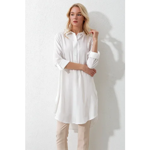 Trend Alaçatı Stili Women's Ecru Shirt Collar Half Pop Long Woven Tunic