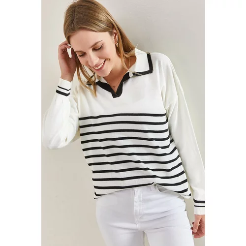 Bianco Lucci Women's Colorful Polo Neck Striped Sweater