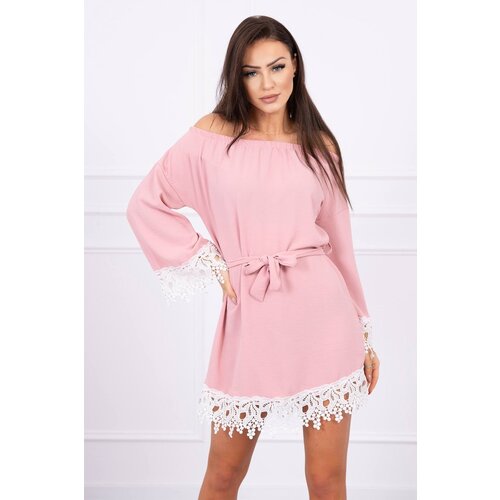 Kesi Dress with lace with a tie at the waist dark pink Cene