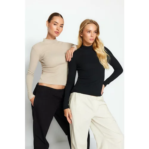 Trendyol 2-Pack Black-Beige Ribbed Standing Collar Fitted/Situated Long Sleeves Stretch Knit Blouse