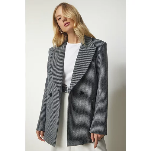 Happiness İstanbul Women's Light Gray Double Breasted Collar Pocket Stamped Jacket