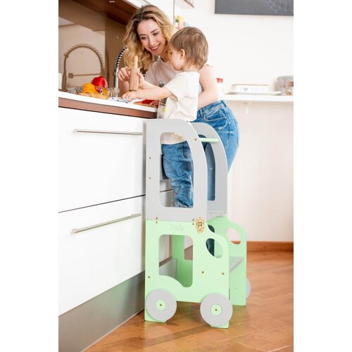 ToddlerInFamily 2v1 MONTESSORI STOLEK POMAGALEK-MOTIV AVTO (VE BARV)-Siva/Zelena Slike