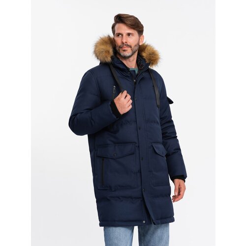 Ombre Men&amp;#039;s long warm parka hooded jacket - navy blue Slike