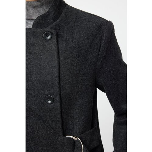 Trendyol Anthracite Belted Double Breasted Regular Wool Long Topcoat Formed Lined Coat Slike