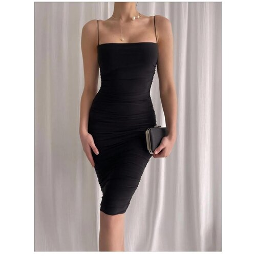 Dewberry 64500 Thin Strap Draped Midi Evening Dress-BLACK Slike