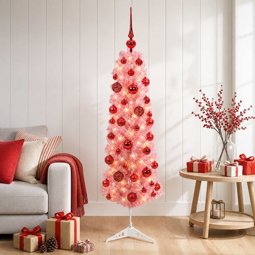  Umjetno usko božićno drvce s kuglicama 120 cm 150 LED lampica Slike