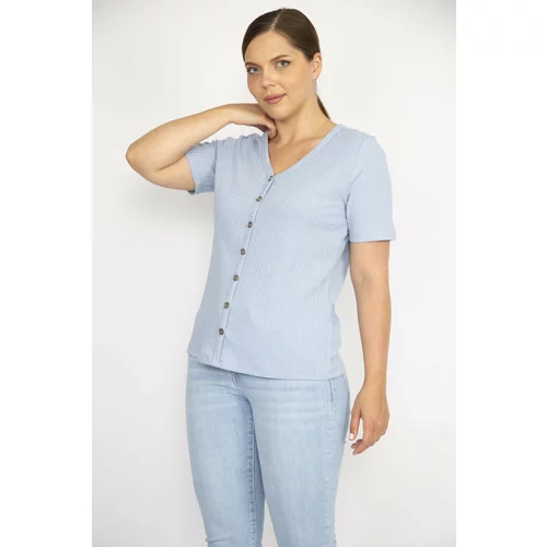 Şans Women's Blue Plus Size V-Neck Front Decorative Buttoned Camisole Fabric Short Sleeve Blouse