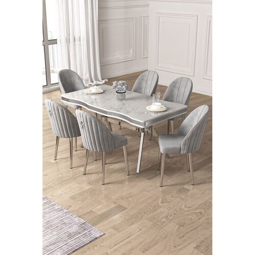 Hanah home trpezarijski set Pem, sto i 6 stolica, ploča u dekoru belog mermera, hromirane noge, siva tkanina Babyface Cene