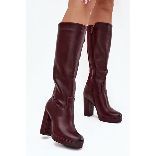 Boto Women Knee High Boots On Heels Eco Leather Burgundy Thalina Slike