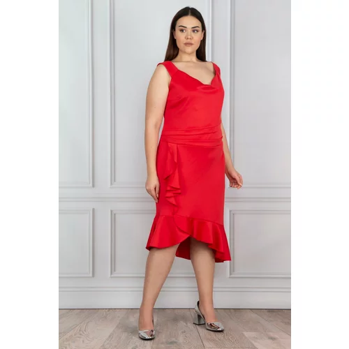 Şans Women's Plus Size Red Ruffled Dress with Waist Detail