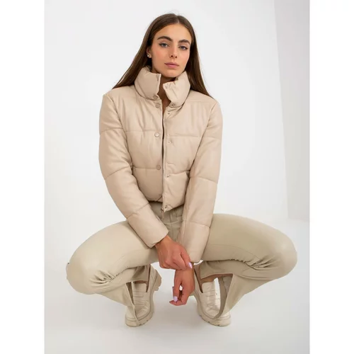 Fashion Hunters Beige short down jacket made of eco-leather with quilting