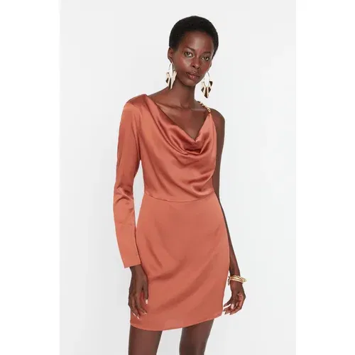 Trendyol Cinnamon Satin Shoulder Detailed Dress