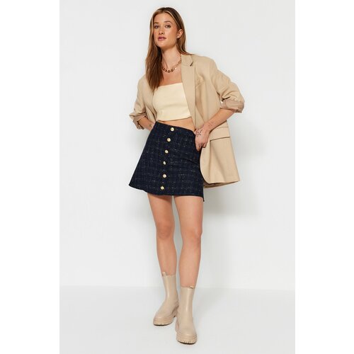 Trendyol Navy Blue Skirt Ruffled Tweed Fabric Buttoned Mini Length Woven Skirt Cene