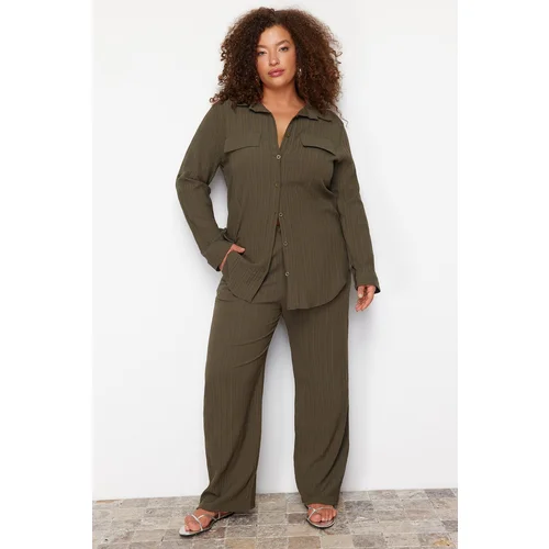 Trendyol Curve Khaki Textured Buttoned Woven Shirt-Pants Plus Size Bottom-Top Set