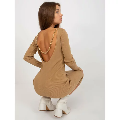 Fashionhunters Camel knitted dress with a neckline on the back