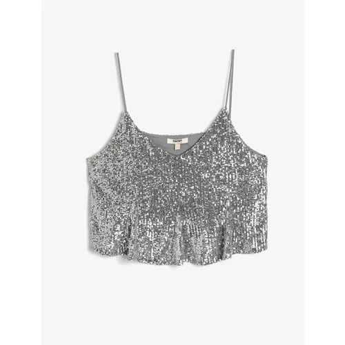 Koton Sequin Sequined Crop Top with Thin Straps Draped