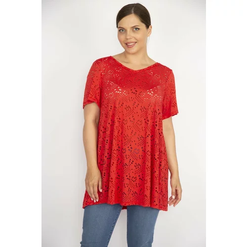 Şans Women's Pomegranate Plus Size Hole Fabric V-Neck Short Sleeve Blouse
