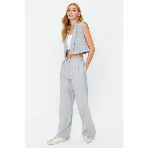 Trendyol Gray Straight Cut Woven Trousers with Belt Detail Cene