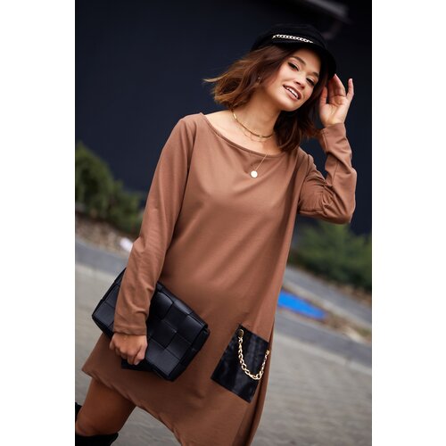 Fasardi Asymmetrical brown dress with chains Slike
