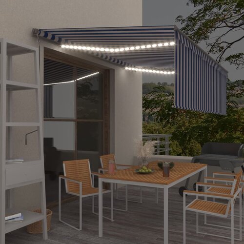 vidaXL avtomatska tenda s senčilom led + senzor 4,5x3 m modra in bela Cene