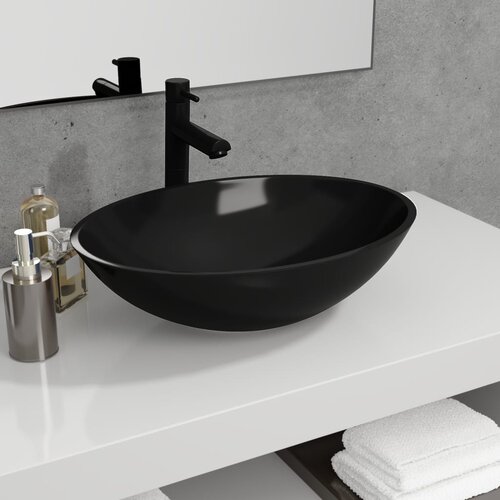 VidaXL Stekleni umivalnik 50x37x14 cm črne barve Slike
