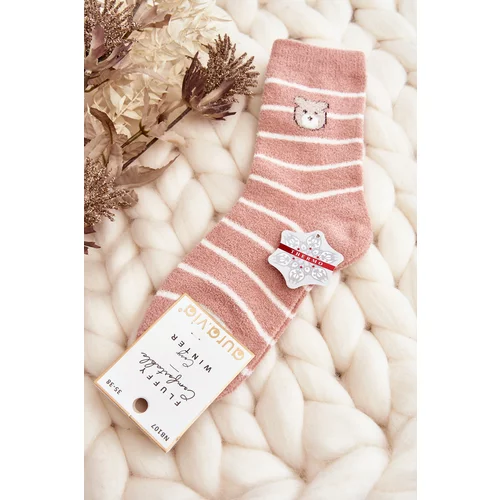 Kesi Women's warm striped socks with teddy bear, pink