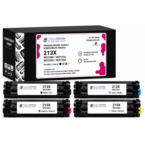  Obnovljeni nem&scaron;ki tonerji za HP 213X W2130X/W2131X/W2133X/W2132X PREMIUM  &ndash; komplet 4 barve za HP Color LaserJet Enterprise 5700dn, 6700dn, 6701dn, MFP 5800dn, 6800dn, Flow MFP 5800zf, 6800zf Cene