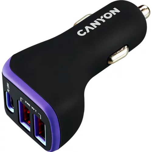 Canyon C-08, Universal 3xUSB car adapter, Input 12V-24V, Output DC USB-A 5V/2.4A(Max) + Type-C PD 18W, with Smart IC, Black+Purple with rubber coating, 71*39*26.2mm, 0.028kg - CNE-CCA08PU