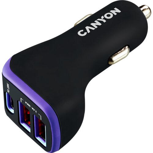 Canyon Universal 3xUSB car adapter, Input 12V-24V, Output DC USB-A 5V/2.4A(Max) + Type-C PD 18W, with Smart IC, Black+Purple with rubber coating, 71*39*26.2mm, 0.028kg Cene